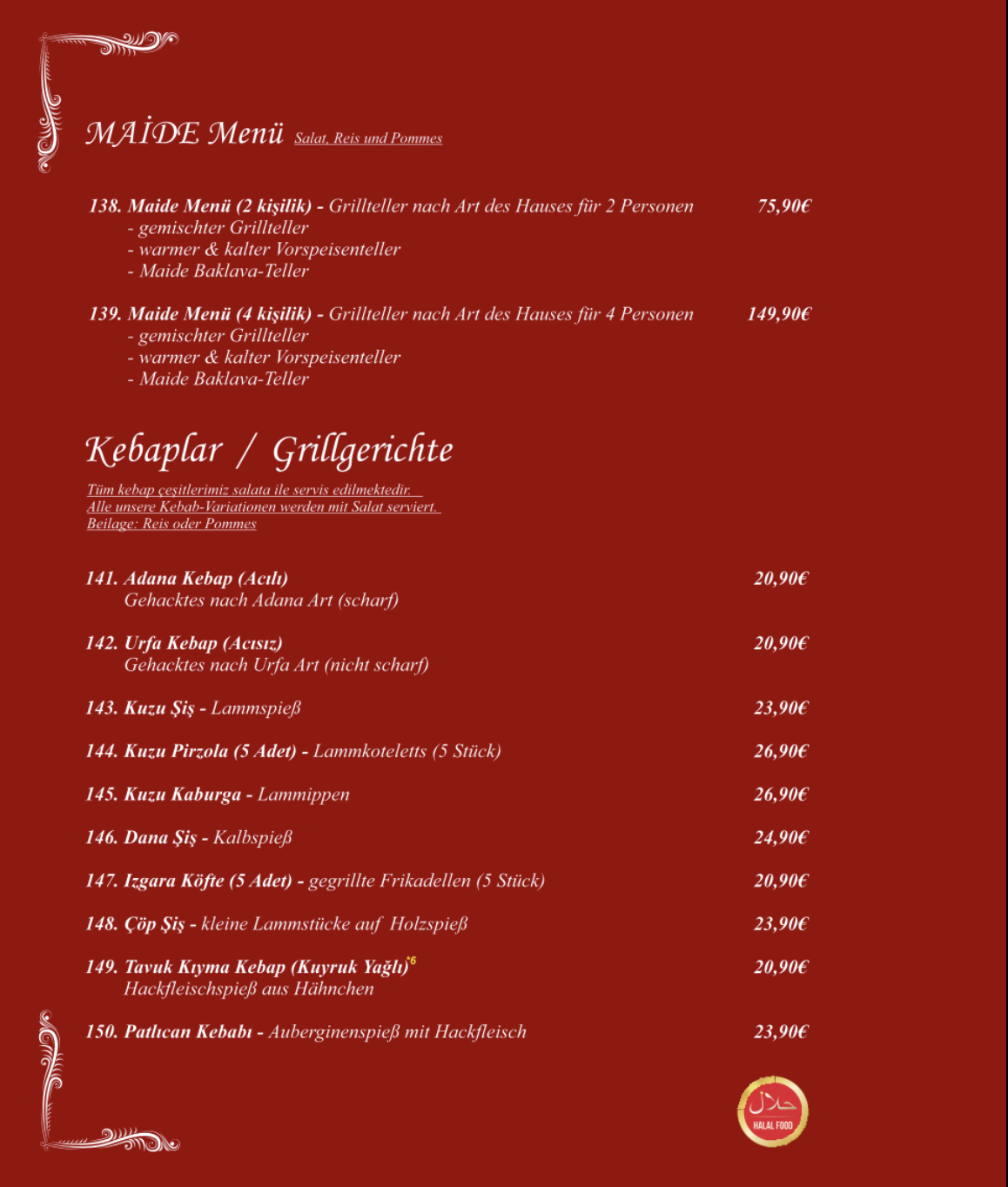 MAİDE Menü & Kebaplar / Grillgerichte